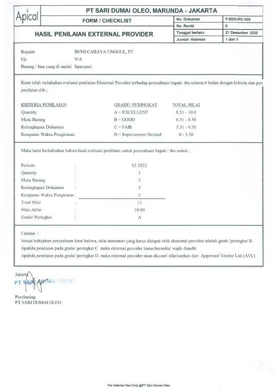 Hasil Penilaian External Provider oleh PT Sari Dumai Oleo