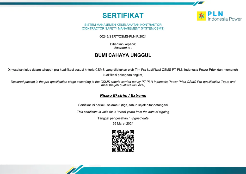Sertifikat CSMS PLN Indonesia Power 