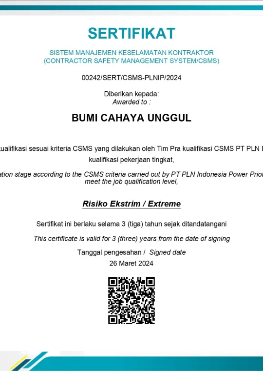 Sertifikat CSMS PLN Indonesia Power 