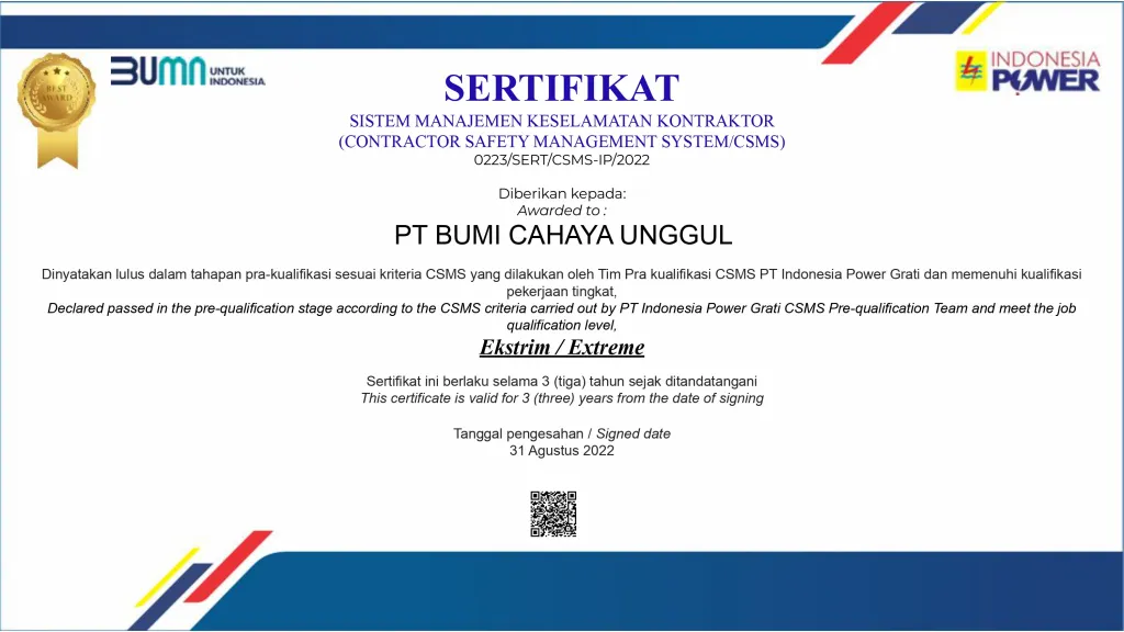Sertifikat CSMS PT Indonesia Power Grati