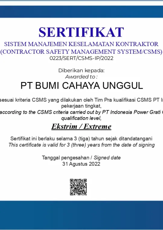 Sertifikat CSMS PT Indonesia Power Grati